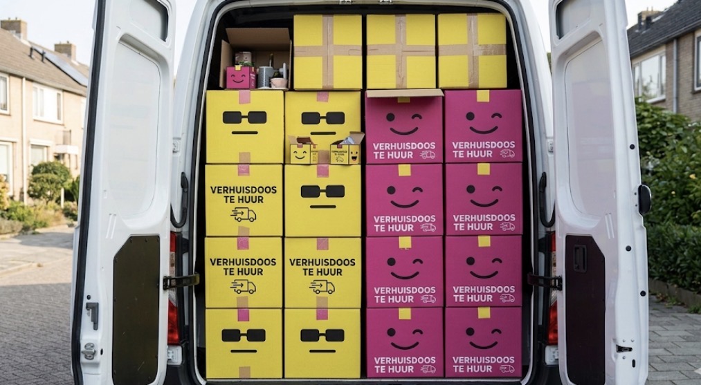 Bestelbus vol met gele en roze Deel-Doos verhuisdozen