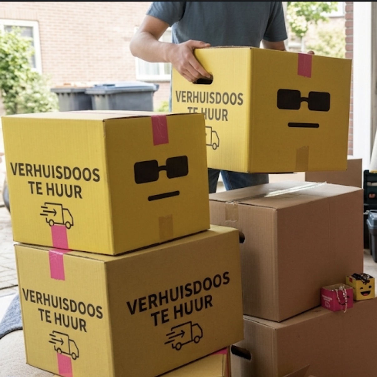 Stapel gele Deel-Doos verhuisdozen klaar om aangeleverd te worden
